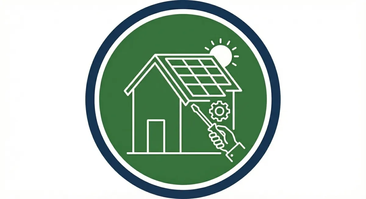 Minimal icon illustration of a clipboard with a checklist, a solar panel, and a wind turbine on a green gradient background