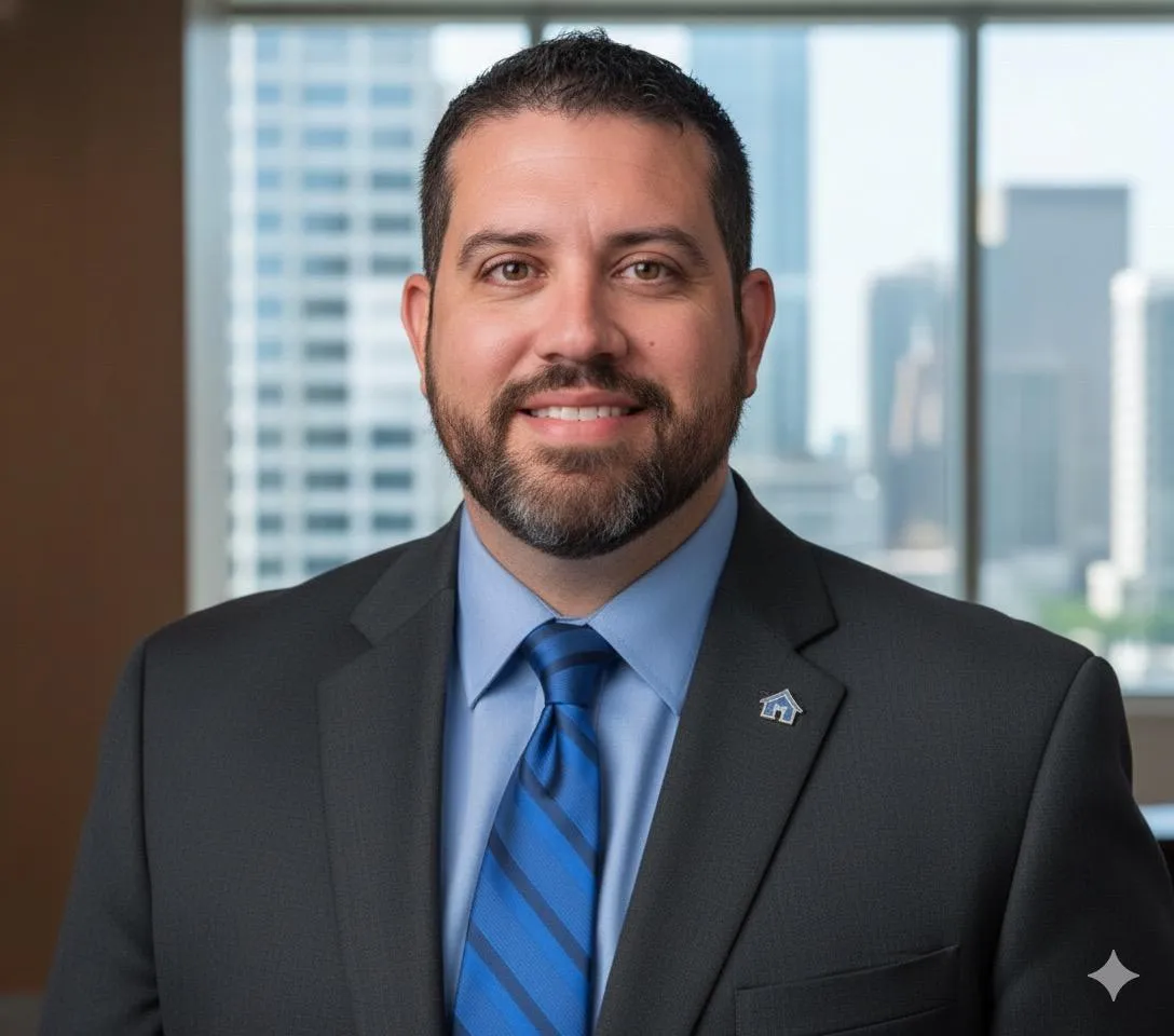 Portrait of a middle-aged male real estate agent, Hispanic, wearing glasses and a light blue shirt, standing in front of a Portage neighborhood sign, smiling confidently. 1:1 aspect ratio.