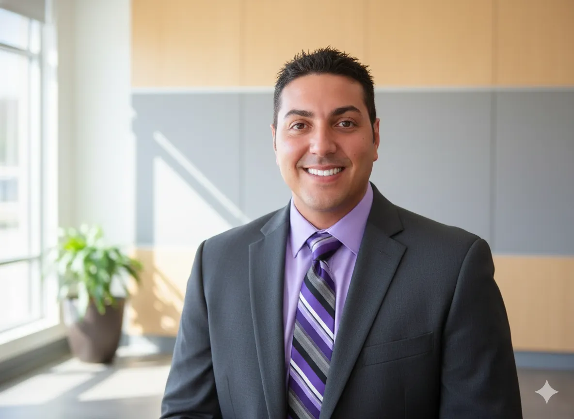 Portrait of a young female real estate agent, Asian American, with long hair, wearing a green blouse, standing in front of a Portage park entrance, friendly and approachable. 1:1 aspect ratio.