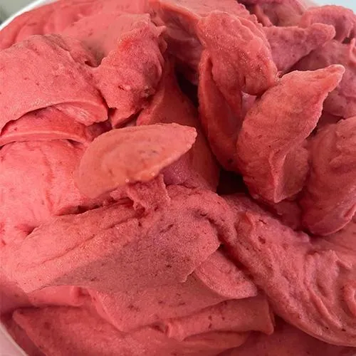 Homemade strawberry lemonade sorbet at The Green Cow Creamery