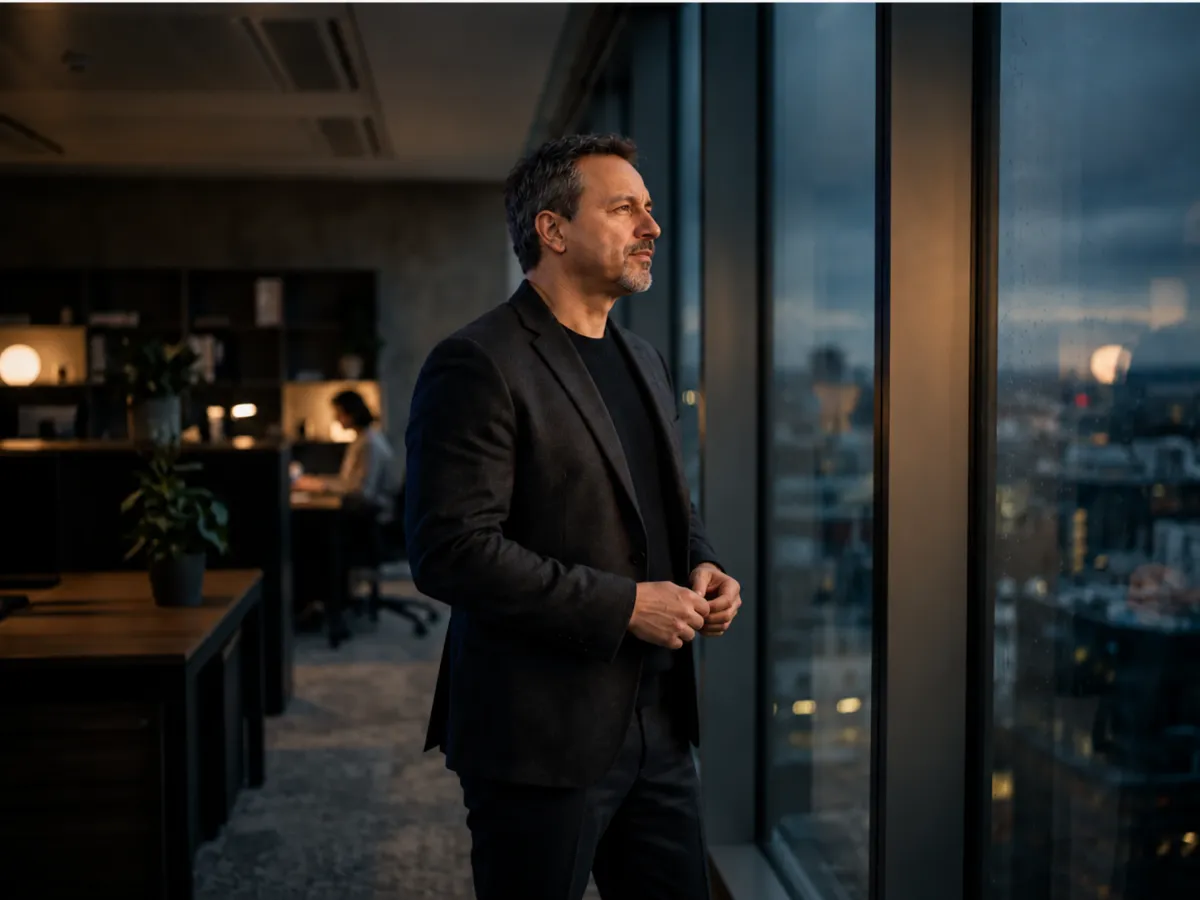 Thoughtful professional man standing beside office window reflecting on life direction