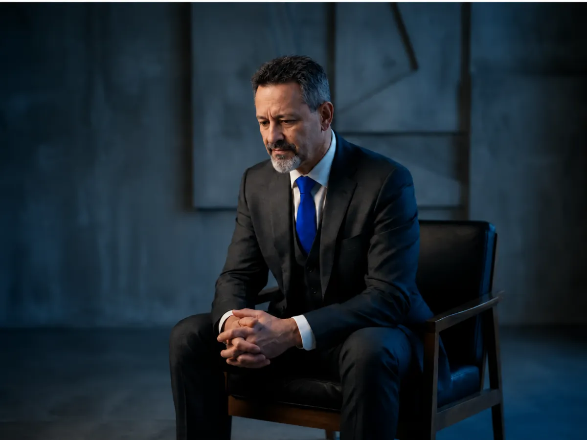 Leader in quiet contemplation seated in a minimalist modern space