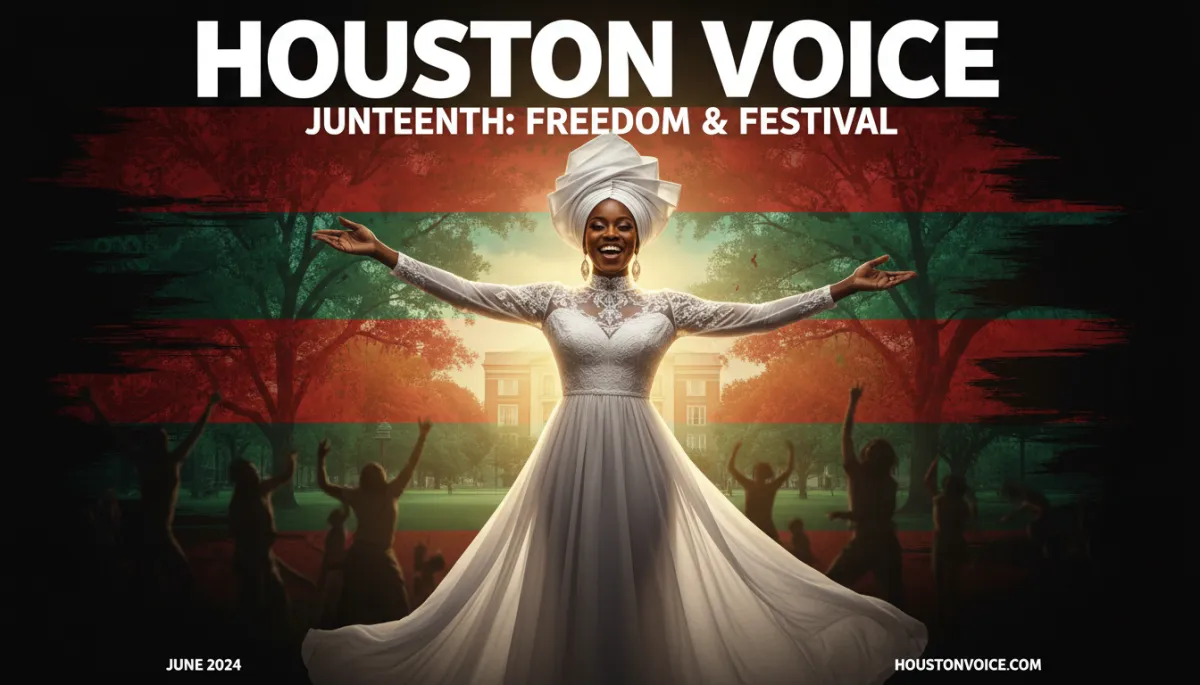 A joyful woman in all-white attire celebrates Juneteenth at Emancipation Park in Houston, surrounded by Pan-African colors and golden summer light.