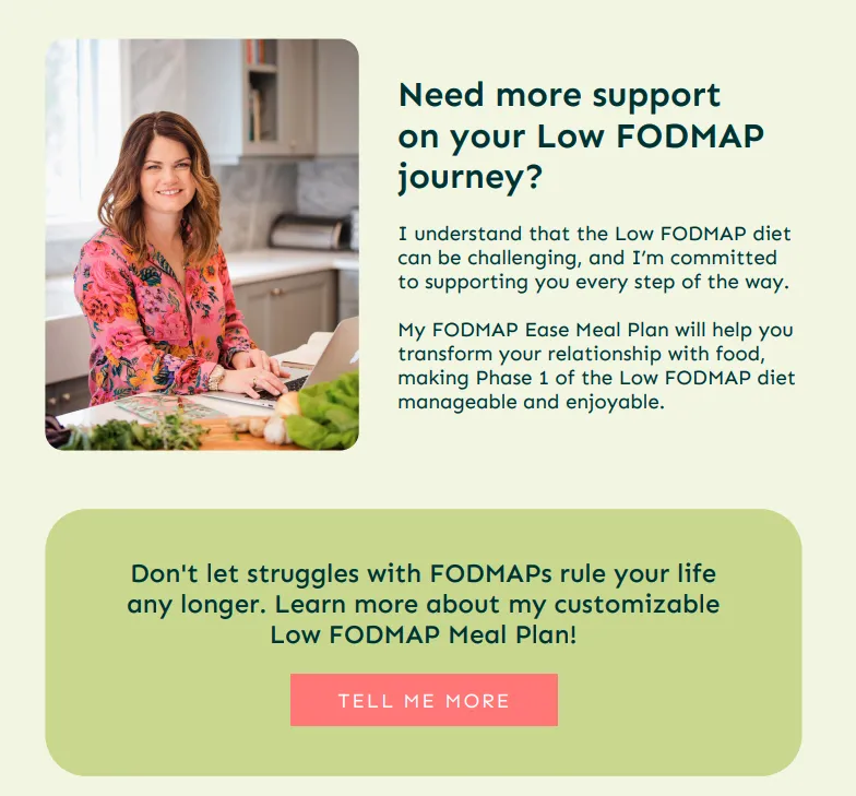 Keren Reiser Registered Dietitian sitting at a kitchen counter with a laptop and fresh vegetables, promoting her Low FODMAP Meal Plan with a call-to-action to get support on the IBS and FODMAP journey.
