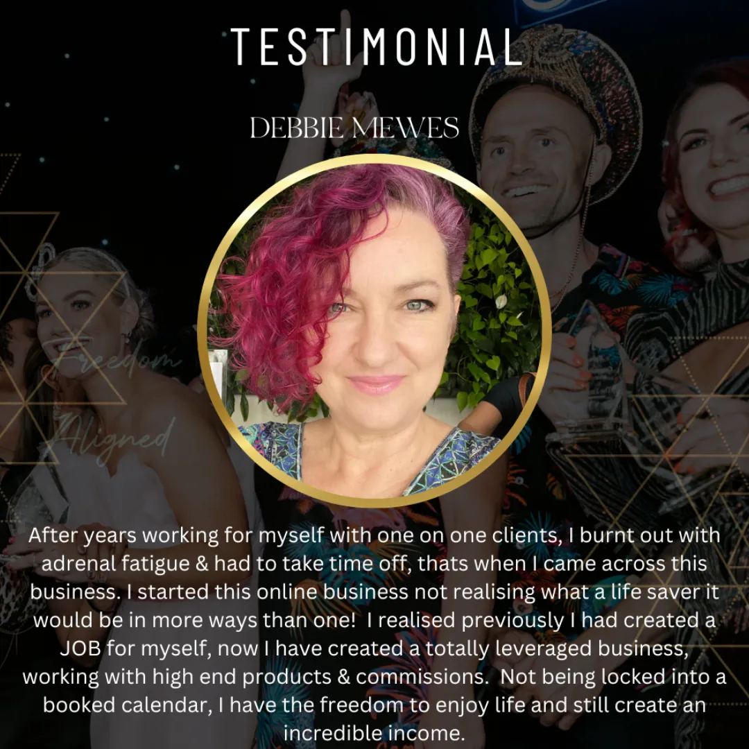 Testimonial from Debbie Mewes, sharing her journey from burnout to building a leveraged online business with high-end products and commissions. Features her smiling portrait in a gold-framed circle, set against a celebratory background symbolizing freedom, success, and financial independence