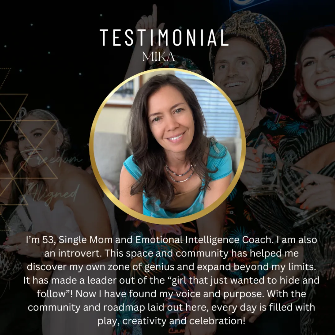 Testimonial from Mika, a 53-year-old single mom and Emotional Intelligence Coach, sharing her transformation within a supportive community. Features her smiling portrait in a gold-framed circle with a background of people celebrating, symbolizing personal growth, creativity, and empowerment