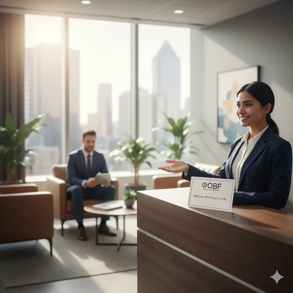 Girl receptionist welcome a guest in their office