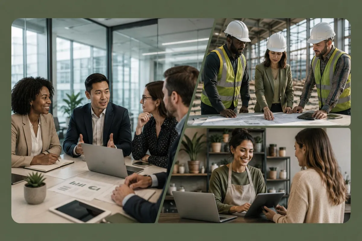 Business professionals in a meeting around a table