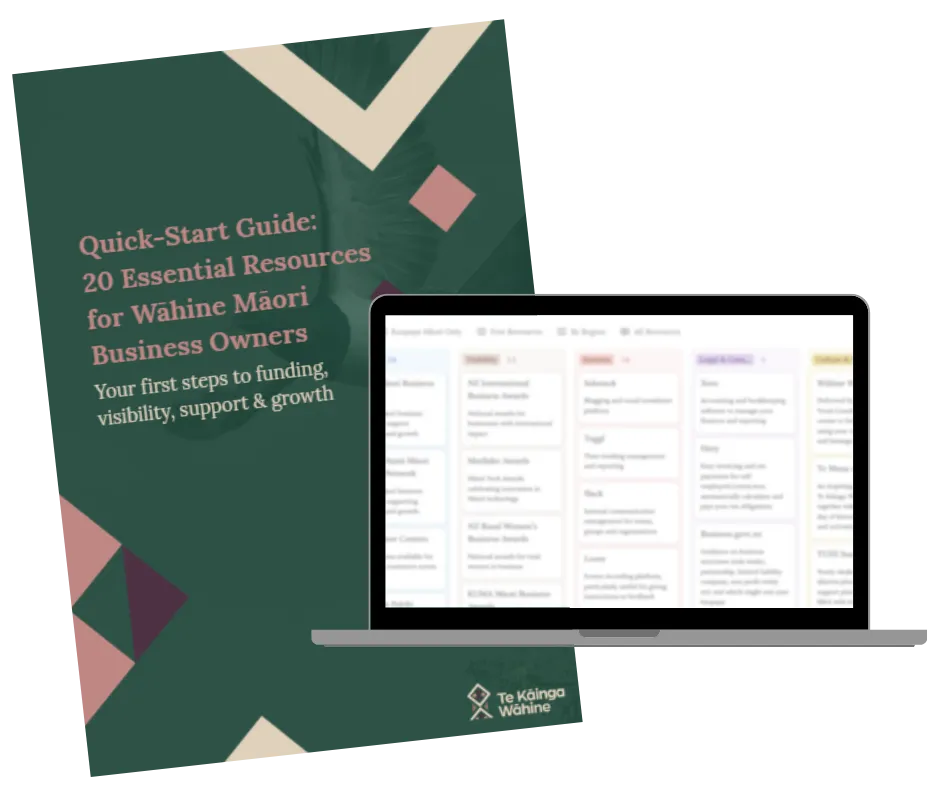 A confident Wāhine Māori entrepreneur stands in a modern workspace, holding a digital tablet, surrounded by subtle business icons. The background is softly blurred, with warm natural light and a minimalist, clean style. She wears contemporary business attire and smiles, conveying empowerment and professionalism.