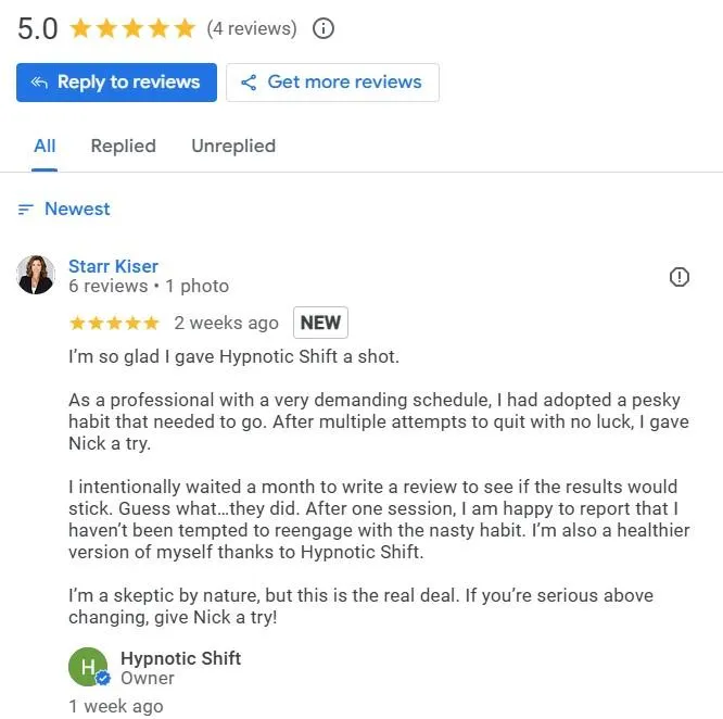 A five star review from a client who quit smoking at hypnotic shift