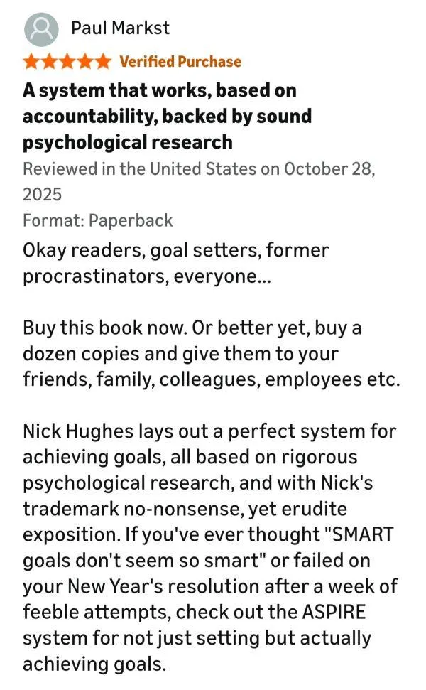 A copy of the very first review of ASPIRE - Achieving What SMART goals can't being rated five stars