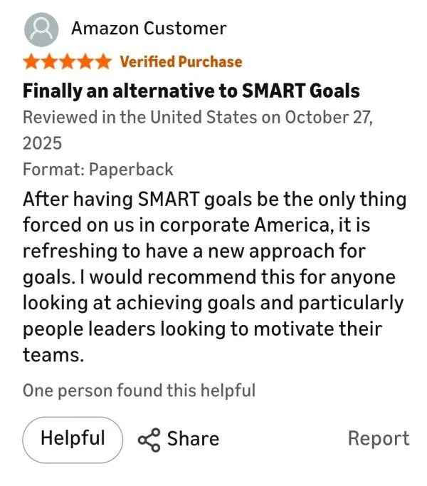 Another five star review from Amazon for ASPIRE Achieve What SMART goals can't.