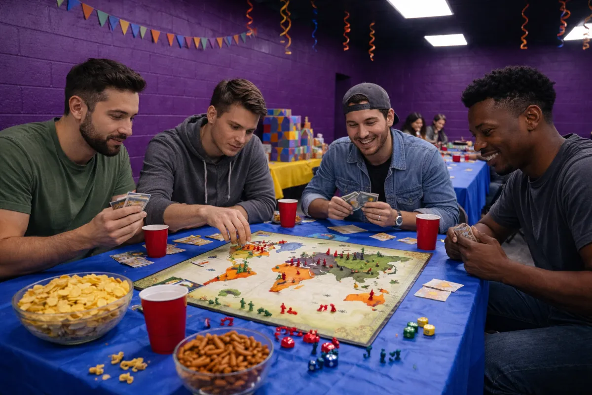 A group of men standing in a room with graffiti on the walls