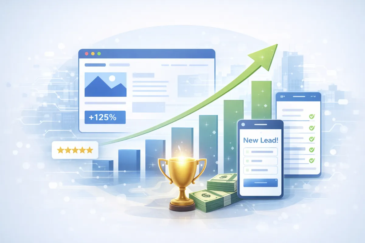 Illustration of digital marketing performance with lead generation, analytics growth, and customer reviews