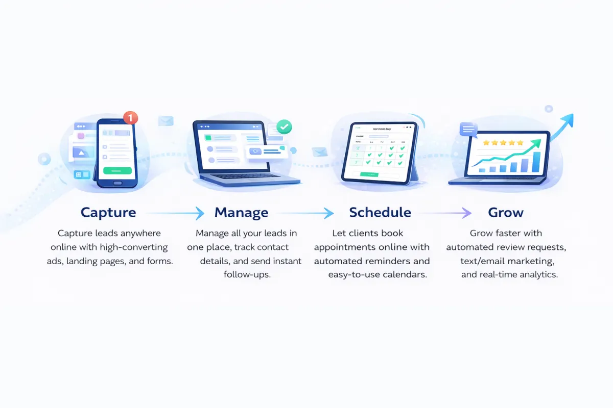 Illustration of lead capture, CRM management, online booking, and automated marketing systems
