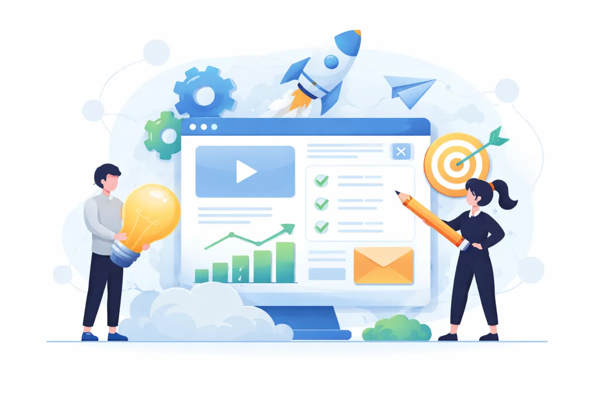 Illustration showing smart website design, automation, and digital marketing growth