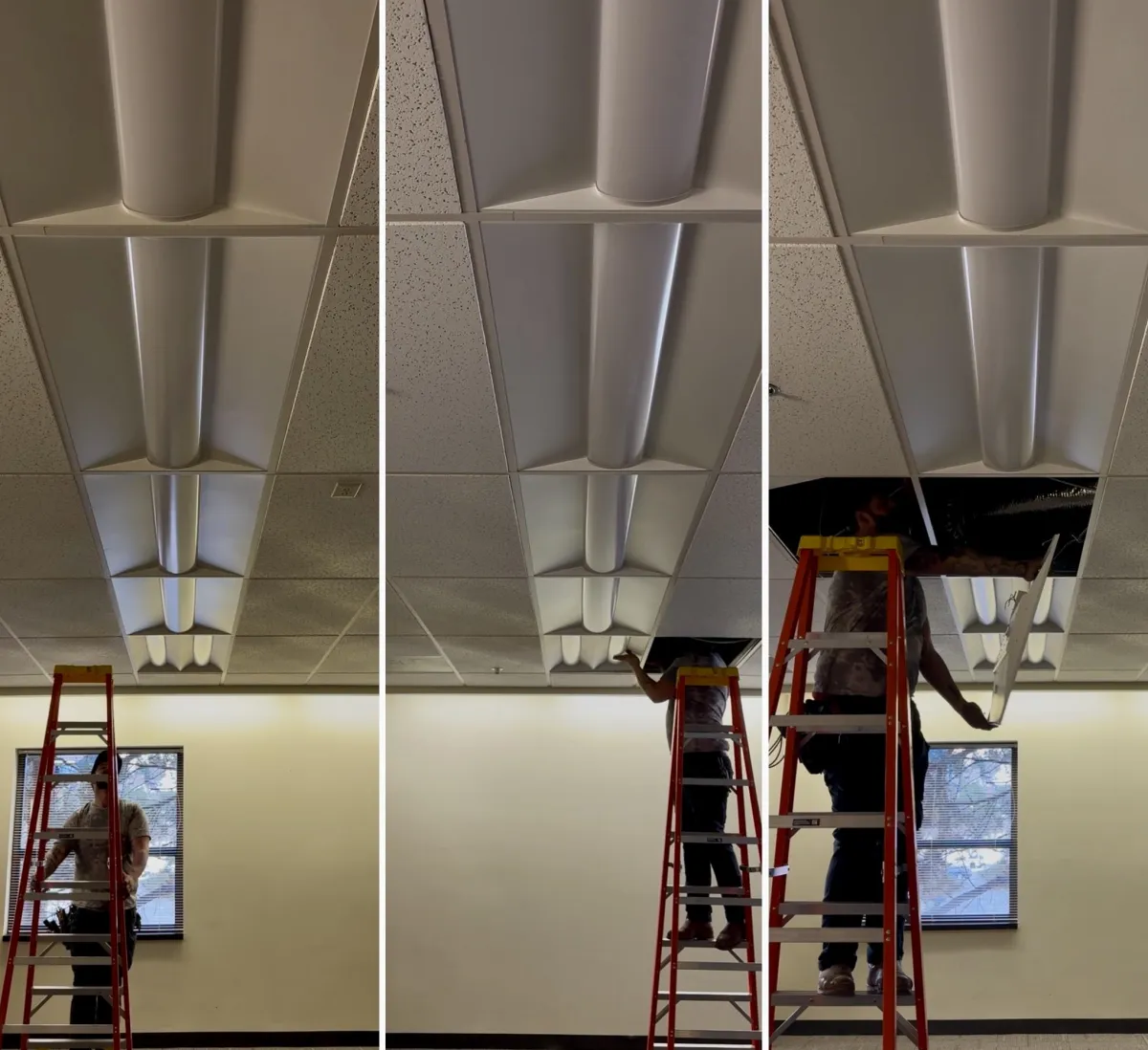 Energy-efficient lighting installation in commercial office ceiling