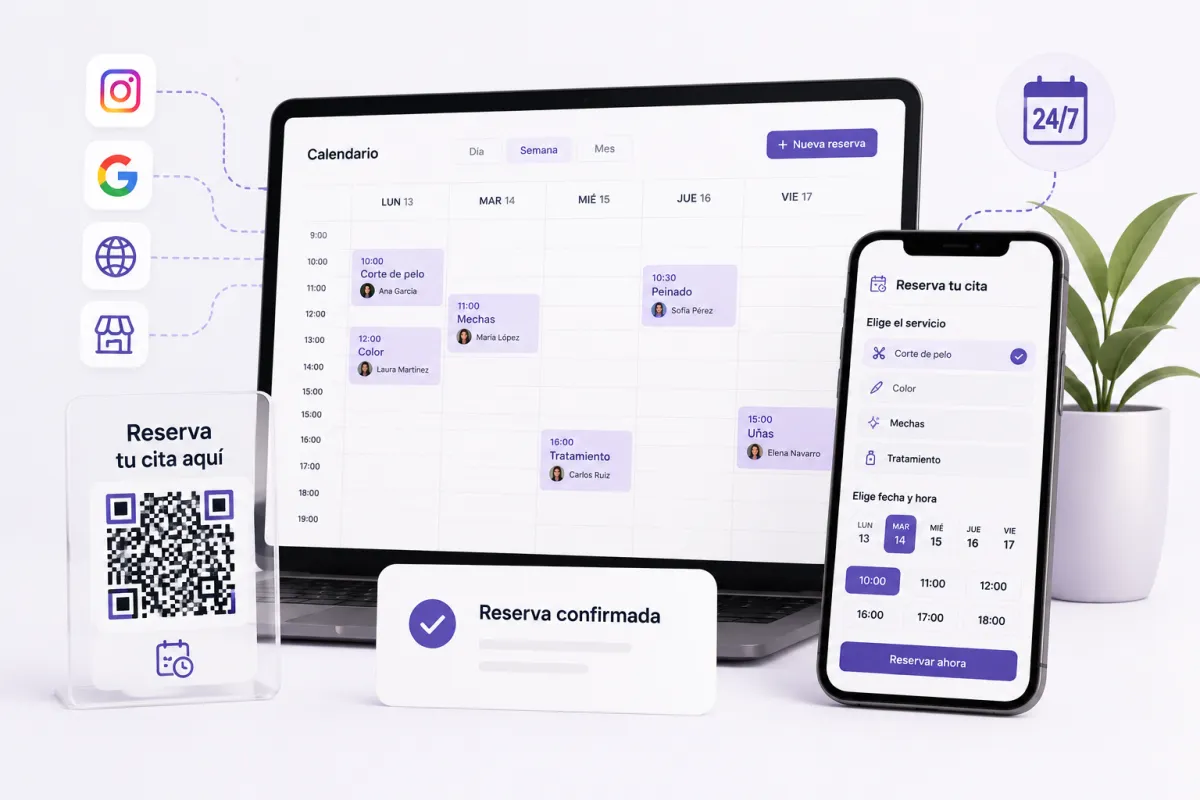 Agenda online automática con QR de reserva, calendario sincronizado y confirmación instantánea para negocios de servicios