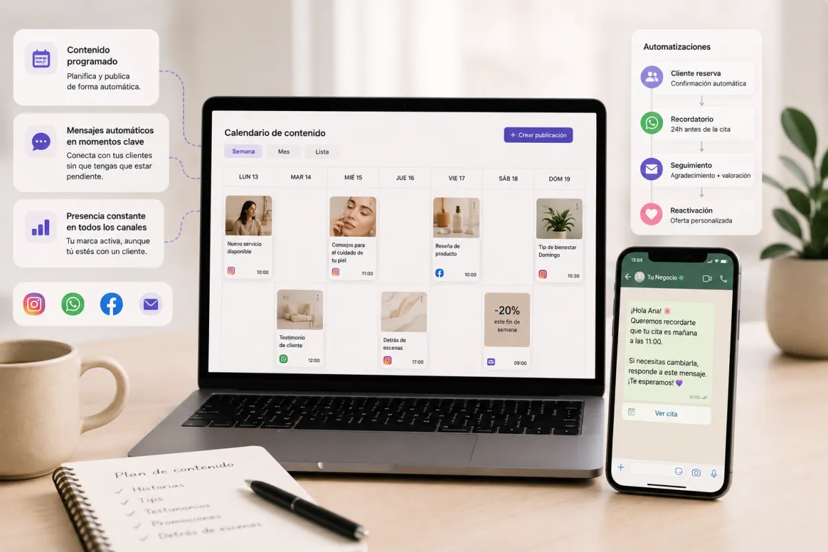 Calendario de contenido automatizado con mensajes WhatsApp, publicaciones programadas y seguimiento de clientes para negocios de servicios