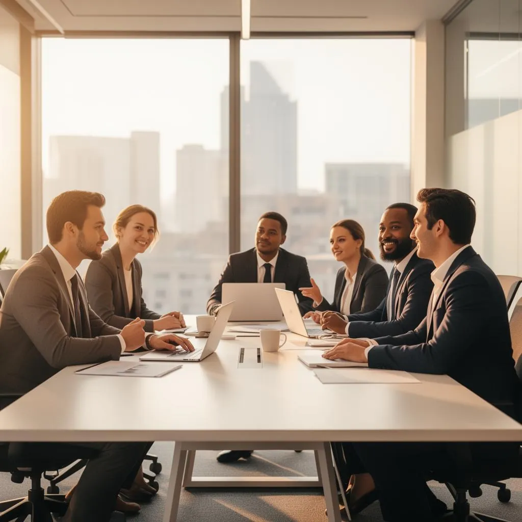 Executive leadership team meeting in modern conference room discussing business strategy and operational consulting services.