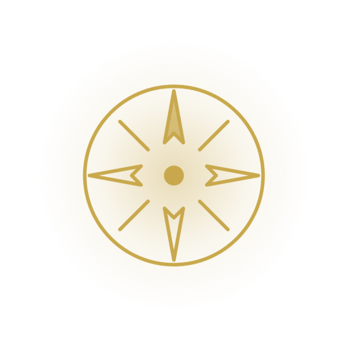 Compass rose — gold line art icon on dark ocean background