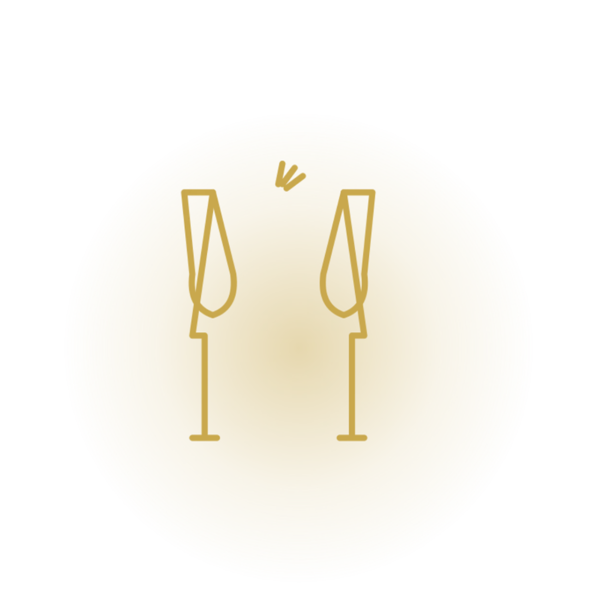 Two champagne glasses clinking — gold line art icon on dark ocean background