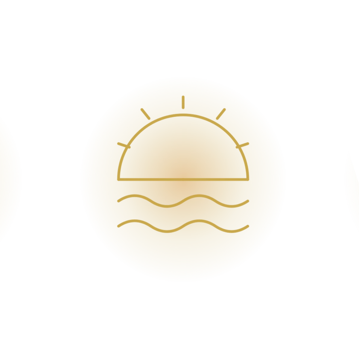 Sun rising over water — gold line art icon on dark ocean background