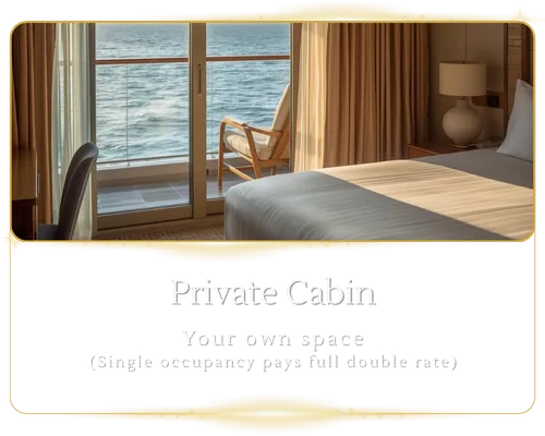 Private cruise stateroom with balcony doors open to the ocean