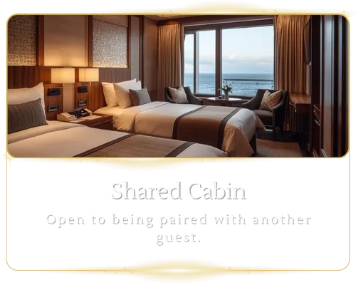Shared cruise stateroom with two beds and ocean view window