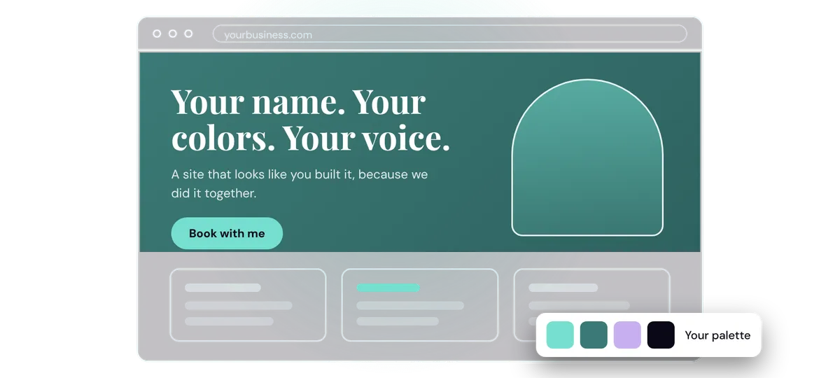 Branded website mockup in turquoise with your name, colors and booking button