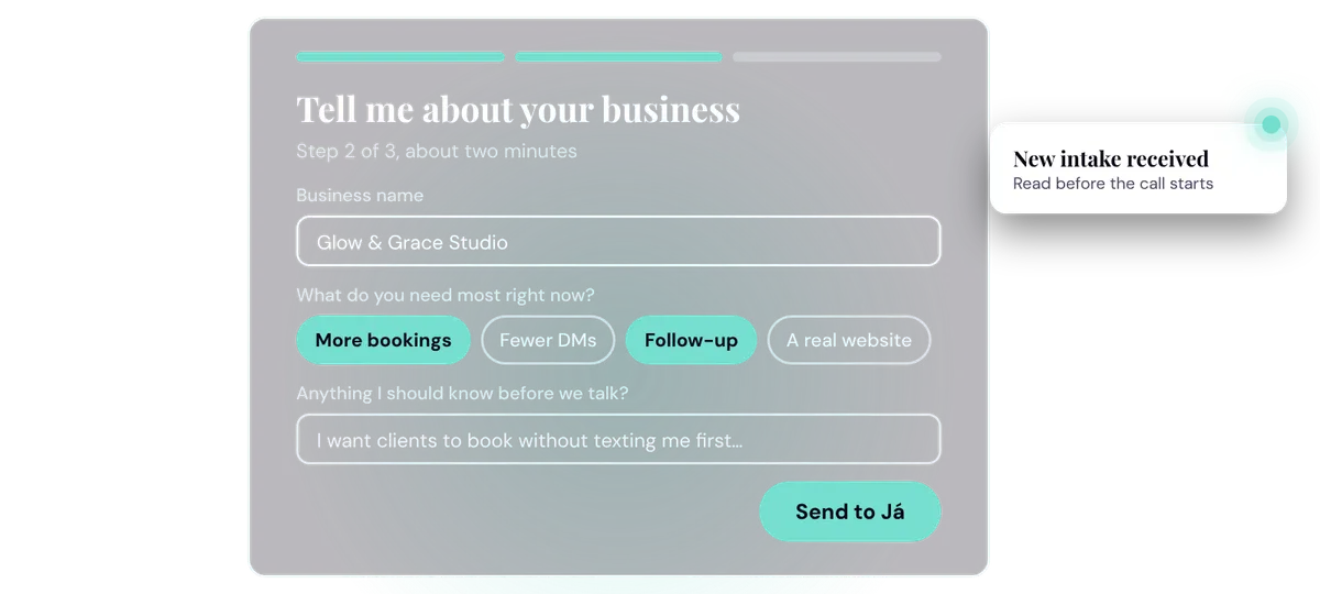 Client intake form and survey with progress steps and a new intake alert