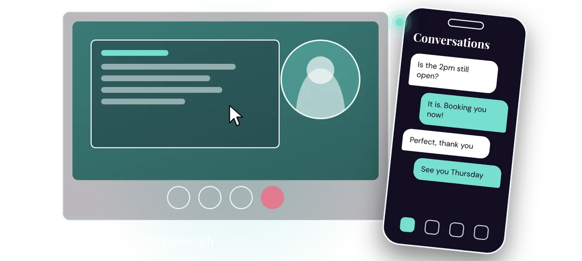 One-on-one video walkthrough next to the client app on a phone showing conversations