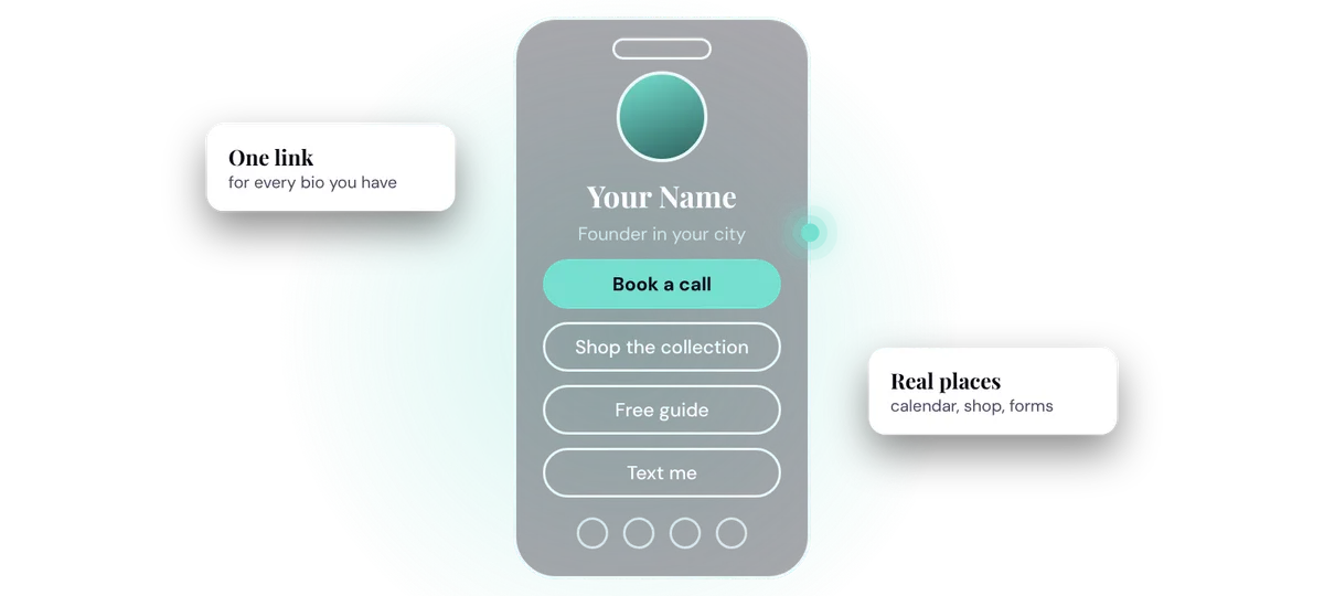 Soulcial Link page on a phone with one link for booking, shop, free guide and text