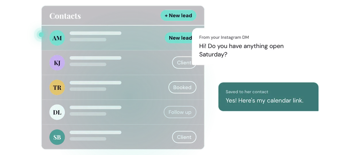 CRM contact list with lead and client tags and a DM saved to the contact