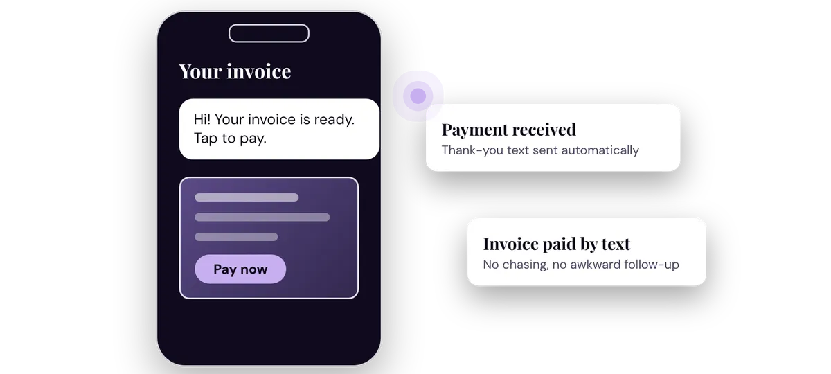Phone showing an invoice text with a Pay now button