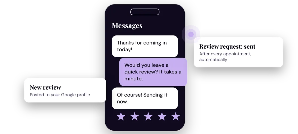 Phone showing an automatic review request text sent after an appointment