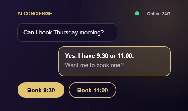AI Concierge chat answering a lead and offering two appointment times to book