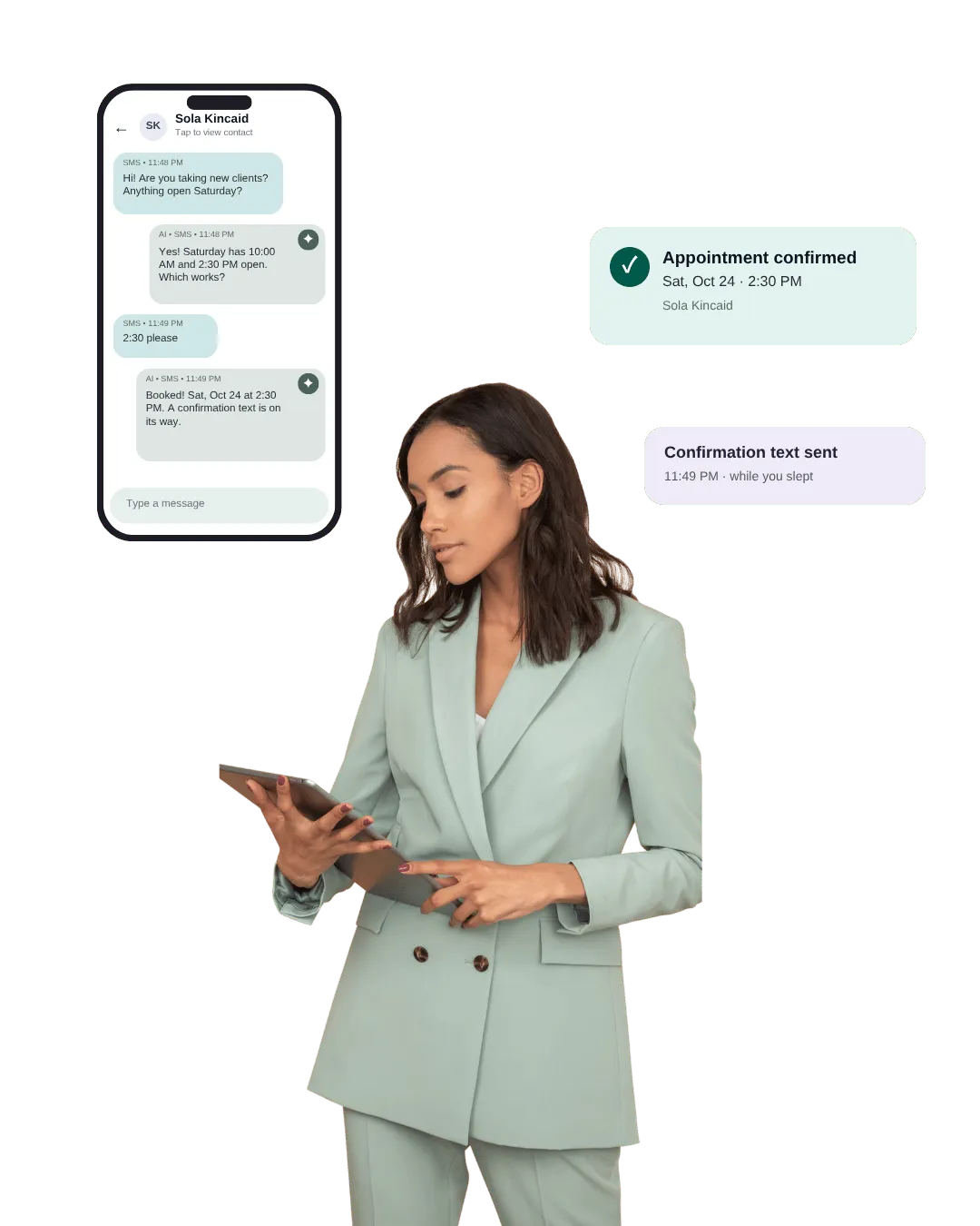 Black woman business owner in a green suit using a tablet surrounded by email, calendar, analytics and chat icons, her Sovereign Build AI Concierge working 24/7