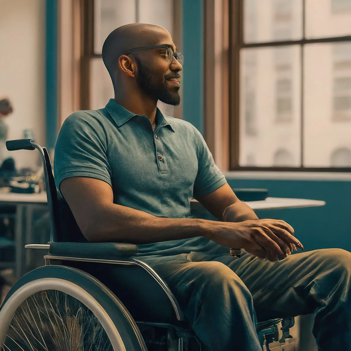 an African American person in a wheelchair interacting confidently in a welcoming and inclusive workspace