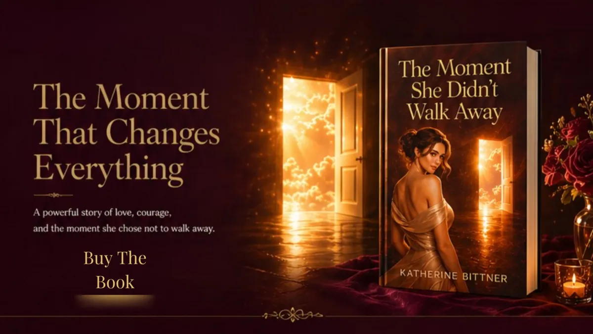 book cover of The Moment She Didn’t Walk Away by Katherine Bittner featuring a glowing doorway