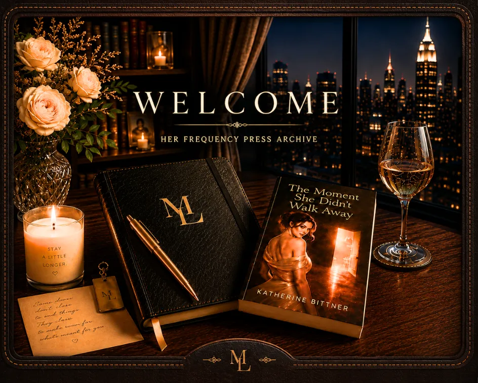 Warm, cinematic writing desk overlooking a city skyline at night, featuring a journal, novel, candle, and glass of Moscato, welcoming visitors into the immersive world of The Moment She Didn't Walk Away.