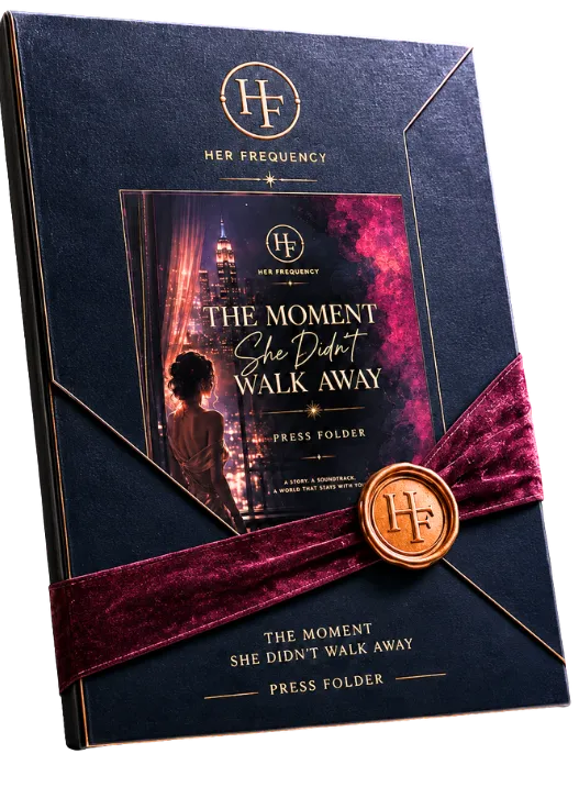 Elegant archival storage box labeled "Her Frequency Press Archive," representing the official media and press resources for author Katherine Bittner and The Moment She Didn't Walk Away.