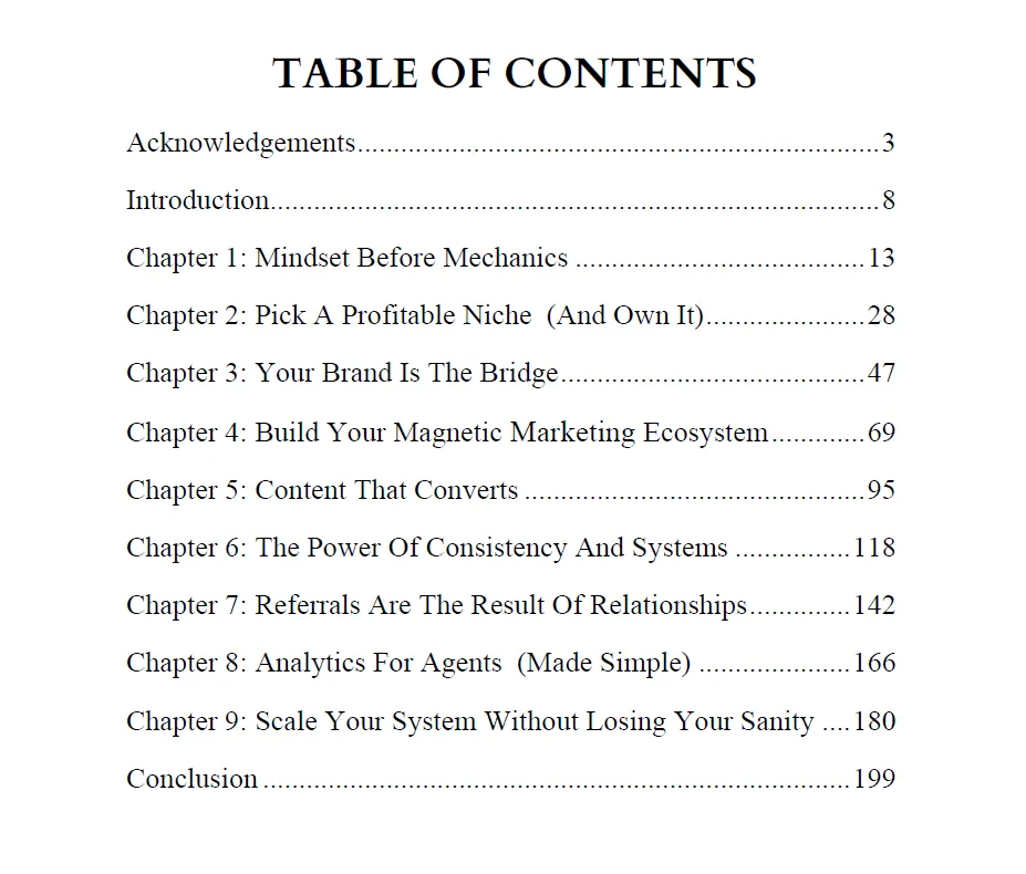 Table of Contents page in the Build Your Own Leads Machine book