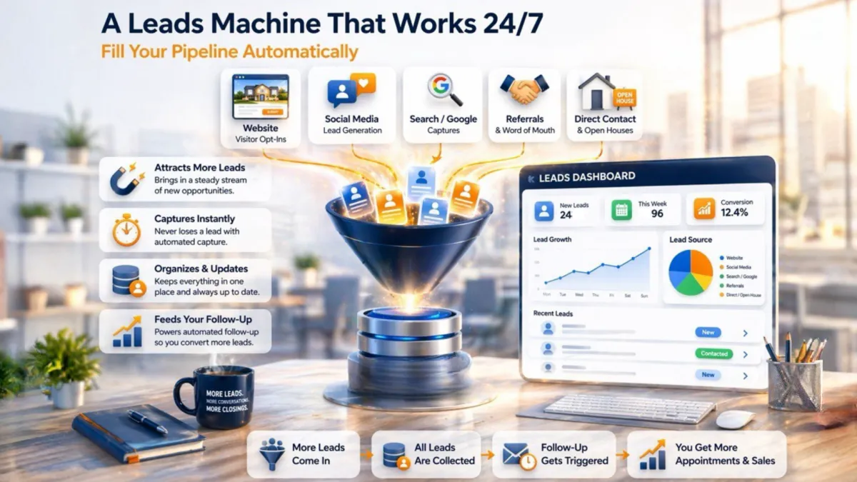 Illustration of a real estate leads machine showing lead generation, CRM capture, and automated follow-up working together