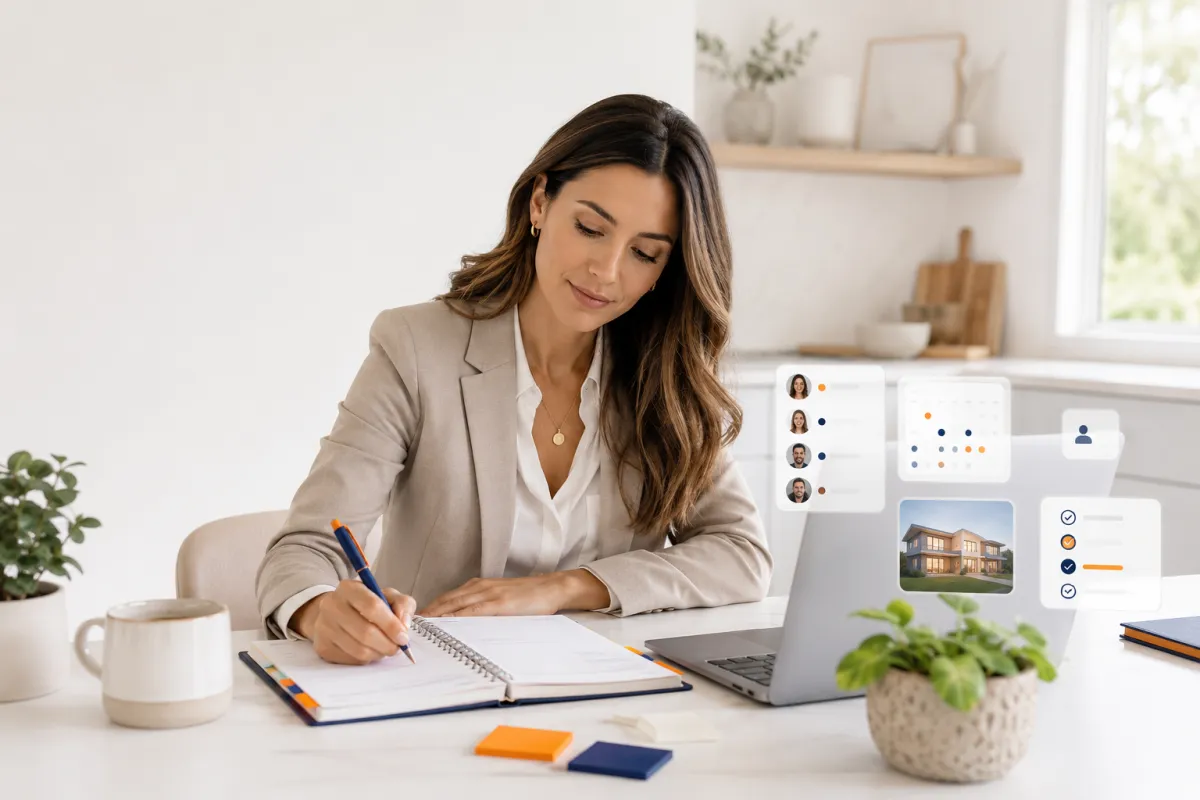 A real estate professional working consistently at a bright desk, reflecting the principle that you harvest what you plant in your real estate business.