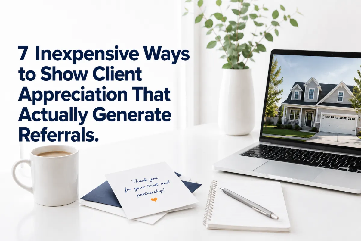 Blog graphic for Svolta Marketing Solutions showing a bright white desk with a coffee mug, handwritten thank-you card, notebook, plant, and laptop displaying a home. Text reads: “7 Inexpensive Ways to Show Client Appreciation That Actually Generate Referrals.”