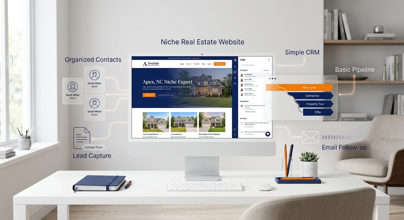 Illustration of a real estate leads machine showing lead generation, CRM capture, and automated follow-up working together