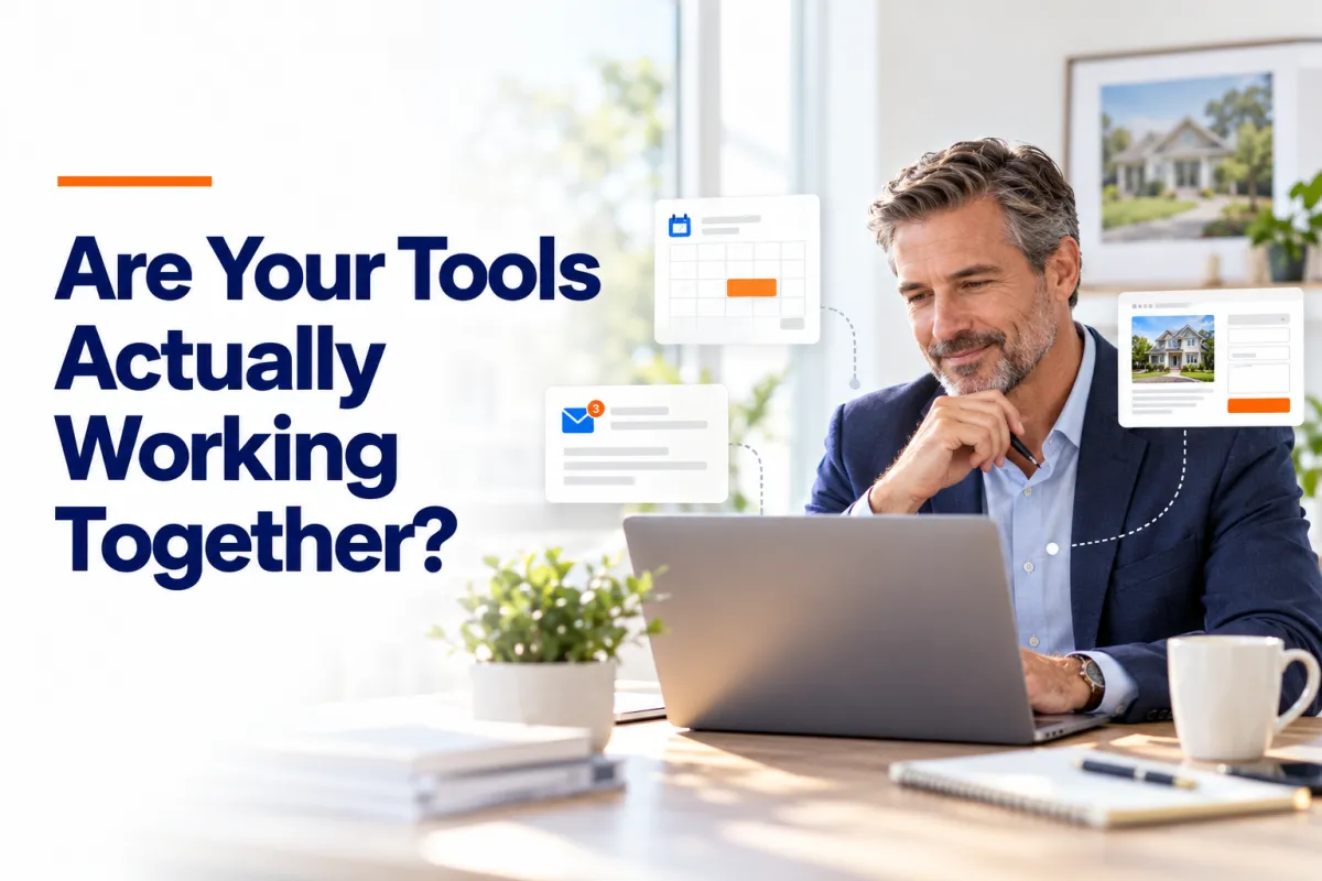 Experienced real estate agent working at a laptop in a bright modern office, with subtle calendar, email, and website form elements suggesting disconnected business tools. Text reads, “Are Your Tools Actually Working Together?”