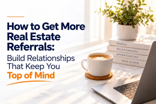 Bright, modern desk scene with a laptop, coffee cup, and stacked books beside a sunny window. Text reads, “How to Get More Real Estate Referrals: Build Relationships That Keep You Top of Mind.”