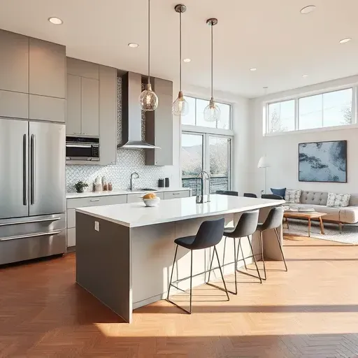 Renovated Northwood, CA kitchen with sleek matte cabinets, stainless steel appliances, quartz island, and abundant natural light.